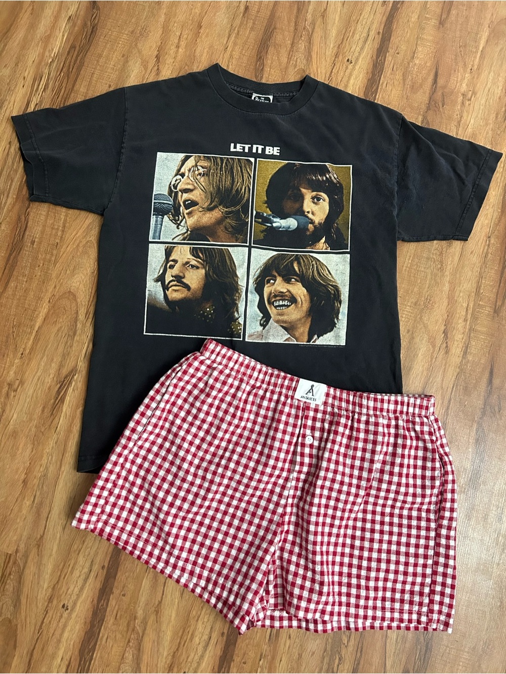 Vintage Y2K The Beatles Band Tee and Anrebess Red Gingham Shorts Womens M/L